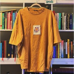 yellow mustard asos oversized shirt cute flower OK art embroidered patch